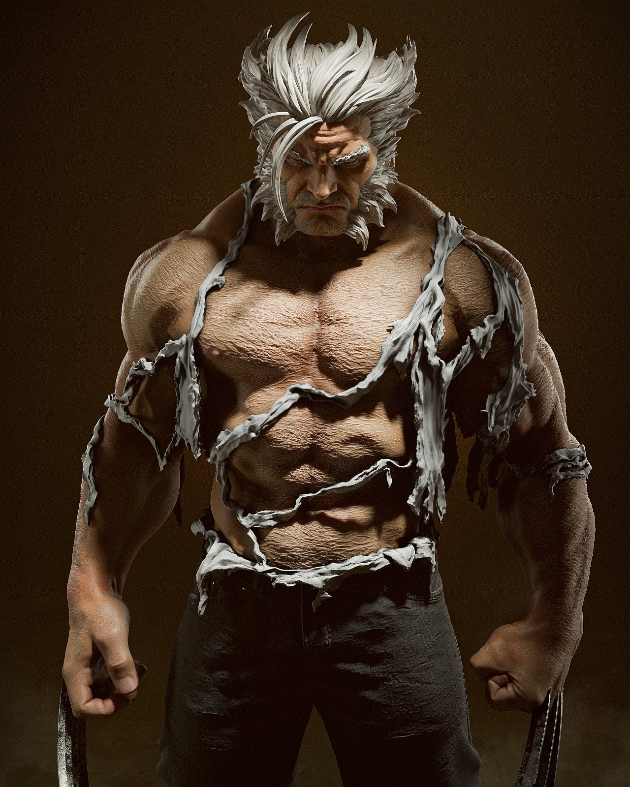 Close-up of Old Man Logan, showcasing his weathered face, wild white hair, and fierce expression, with torn clothing highlighting his rugged physique.