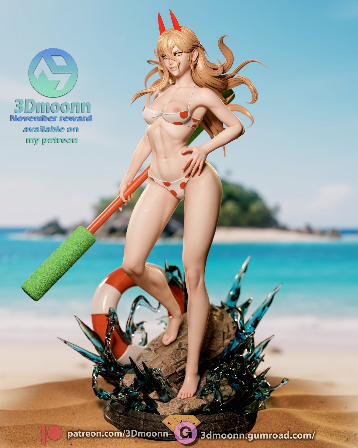 power chainsaw man swimsuit version 1:6 scale figure beach base pose long hair horns anime collectible statue dm minis