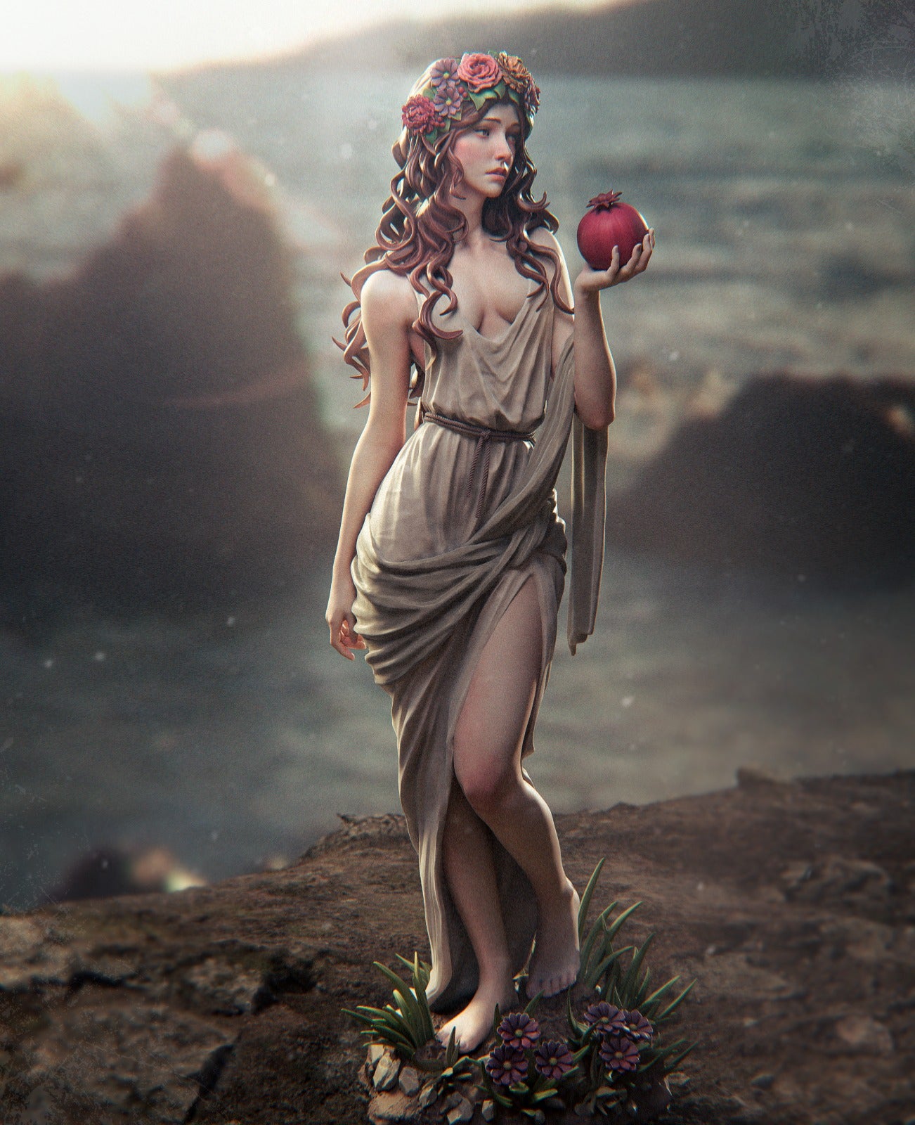 Full view of Persephone figurine in flowing Grecian robes, standing on a rocky base, holding a pomegranate, capturing her grace and mythological essence.