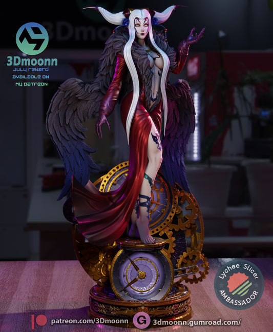 Full view of Ultimecia figurine standing on a clockwork gear base, posed with outstretched arm, red dress, and elaborate winged cape.