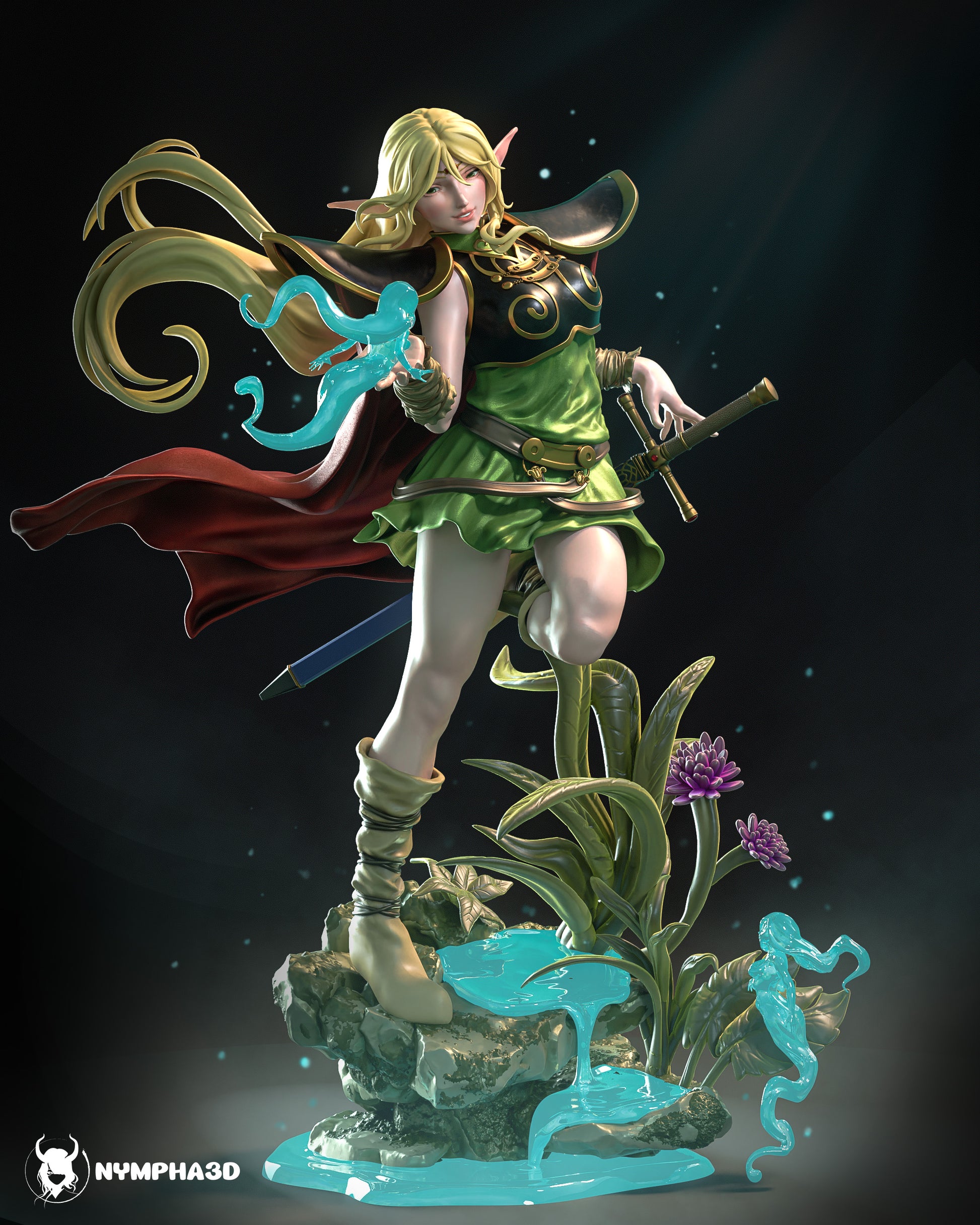 1:6 scale Deedlit elf sorceress statue standing on a rocky base with flowing hair, layered armor dress, sword at her side, and magical effects surrounding her