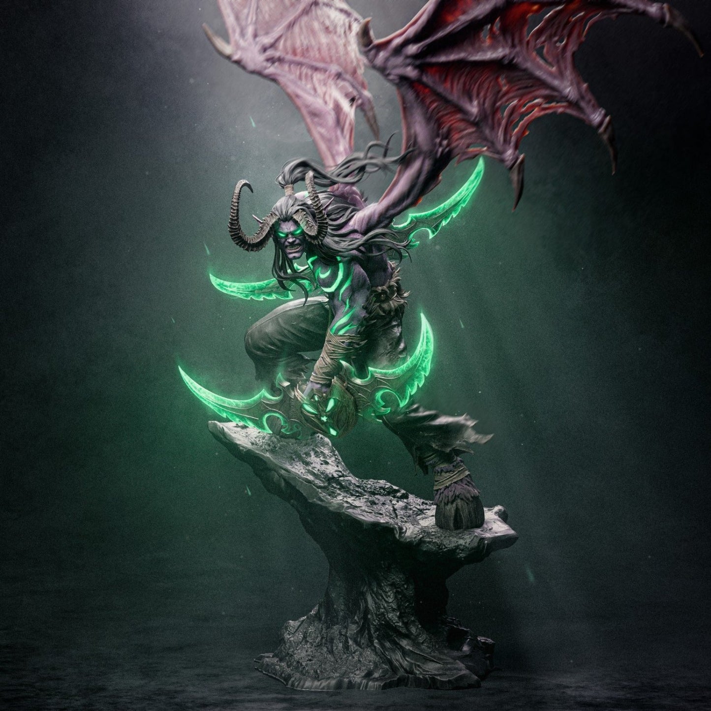 Demon-hunter figurine, showcasing large wings and dual blades while standing on a rock.