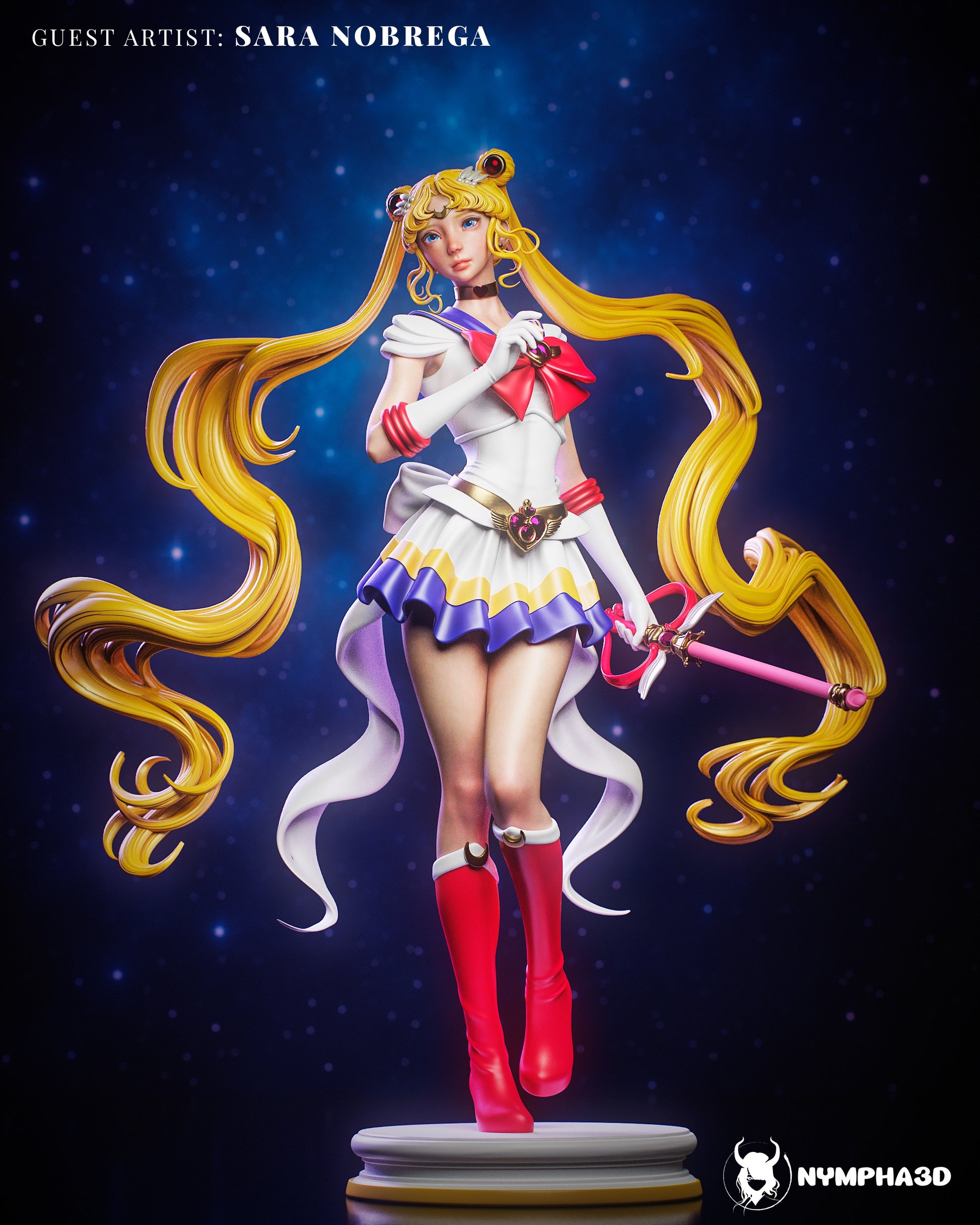 Sailor Moon – Full Figure Display: Complete render of the Sailor Moon statue in her iconic pose, standing confidently on a circular base.
