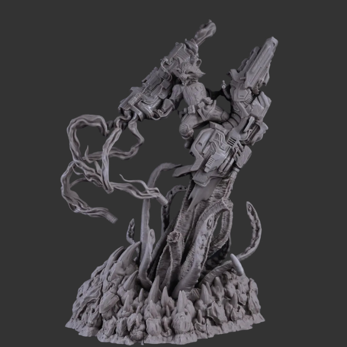 Unpainted resin sculpt of Rocket Raccoon 1:6 scale figure showing detailed fur, weapons, and base
