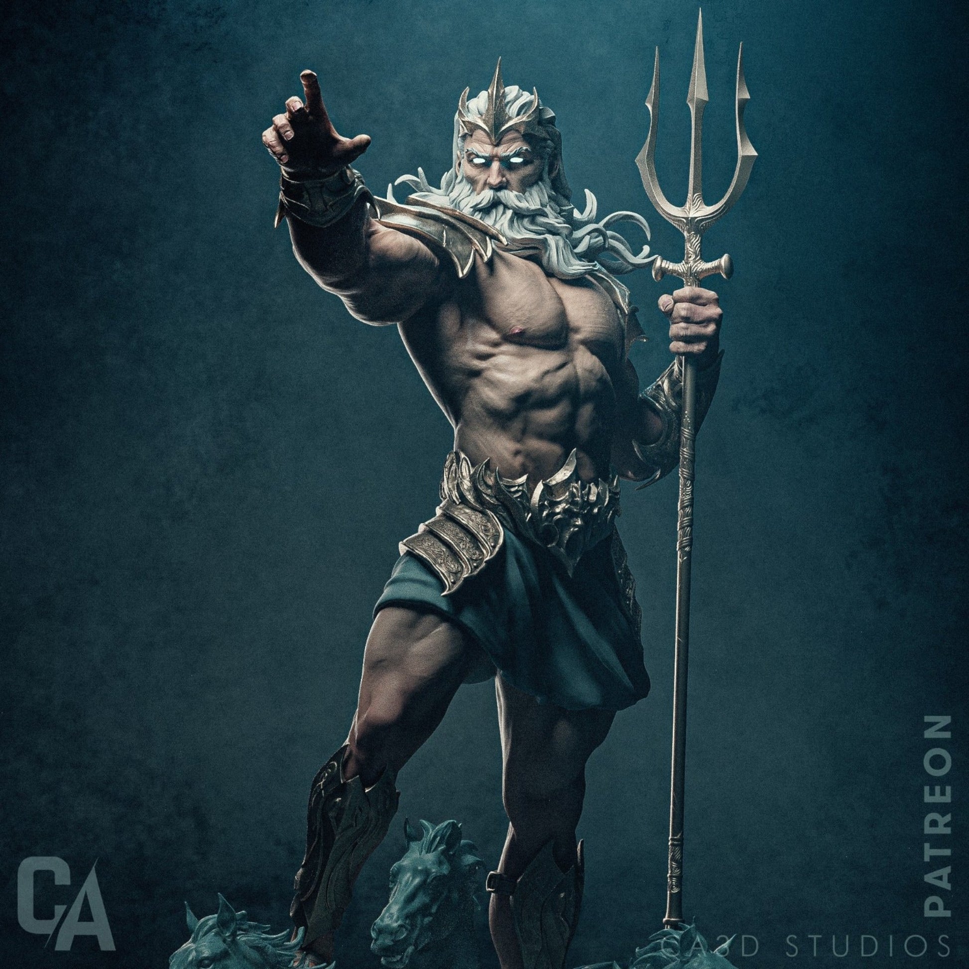 Poseidon figurine with a muscular build, holding a trident and extending his arm, wearing ornate armor and a crown, with flowing sea horses at his feet.