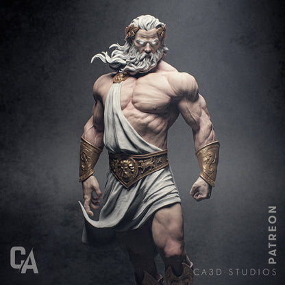 Zeus collectible figurine in a commanding pose, adorned with golden bracers and laurel crown.