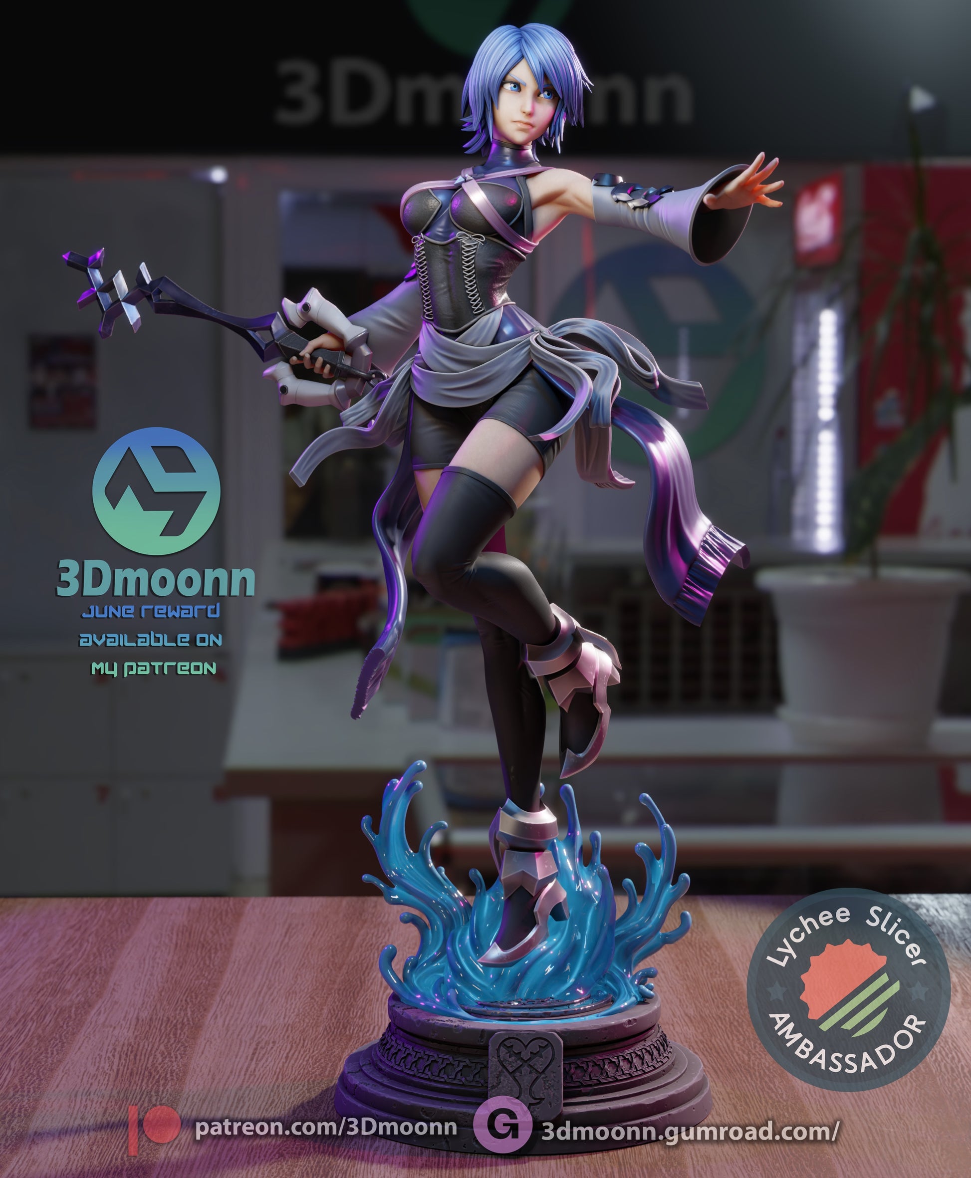Aqua figure on wave base with Keyblade held outward and flowing ribbons, looking determined and poised for combat.