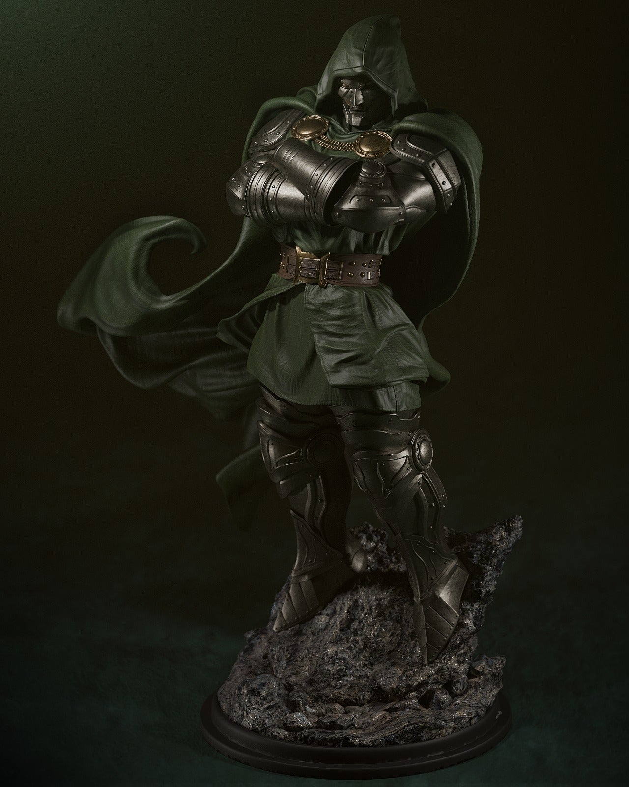 Full-body side view of Dr. Doom figurine standing on a rocky base, highlighting his intricate armor and cape.