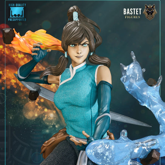 Close-up painted render of Korra figure with detailed water and fire effects, teal outfit, and intense expression mid-battle.