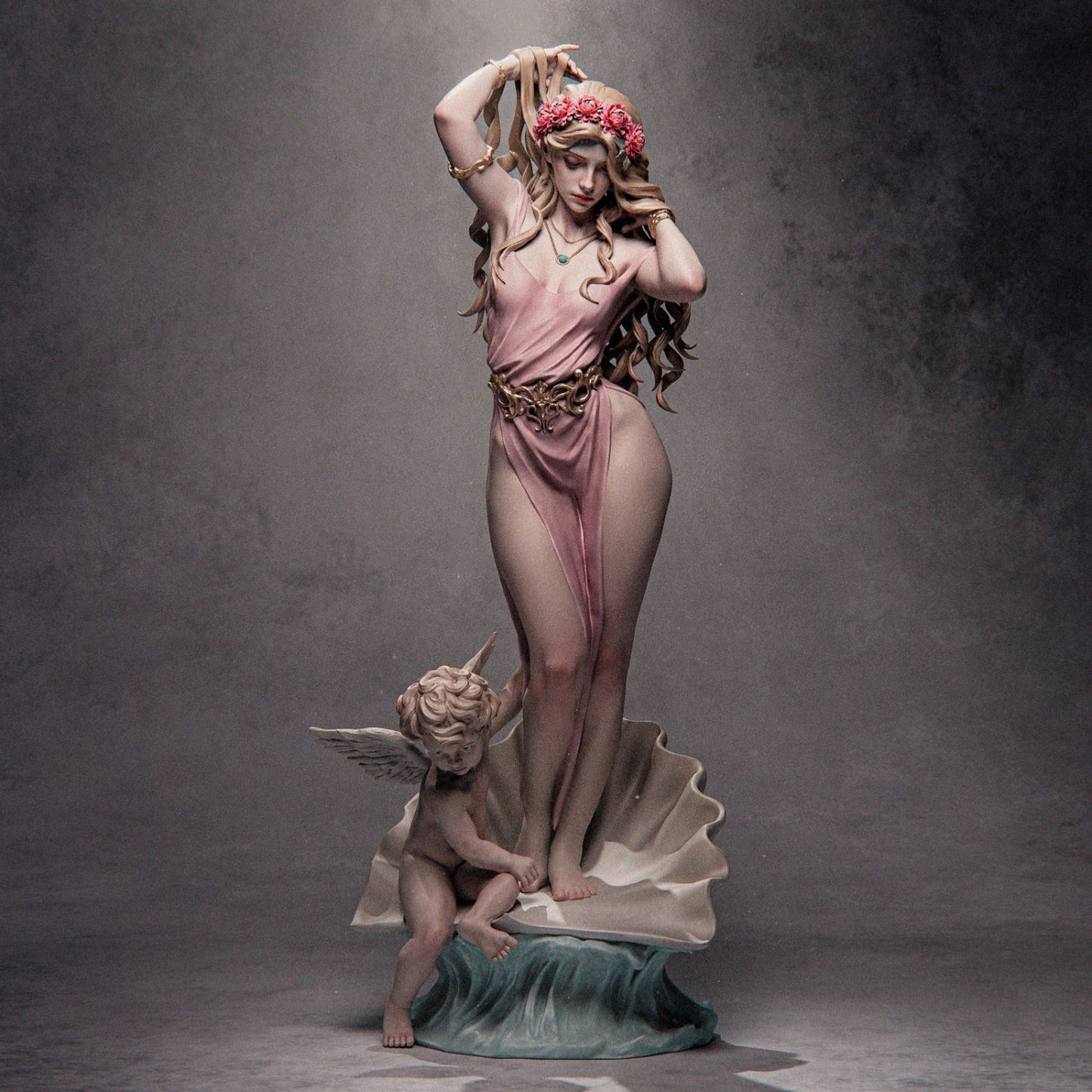 Aphrodite historical figurine standing on a seashell with a cherub at her feet, adorned with a floral crown and elegant draped gown.