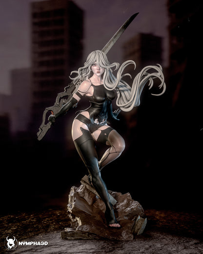 A2 Nier Automata 1:6 scale figure posed on rocky base holding greatsword, flowing long hair, android armor outfit, detailed sculpt for display collectible