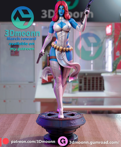 Full-body view of Mystique figurine posed with two pistols, white outfit, skull belt, and standing on an X-Men themed base.


