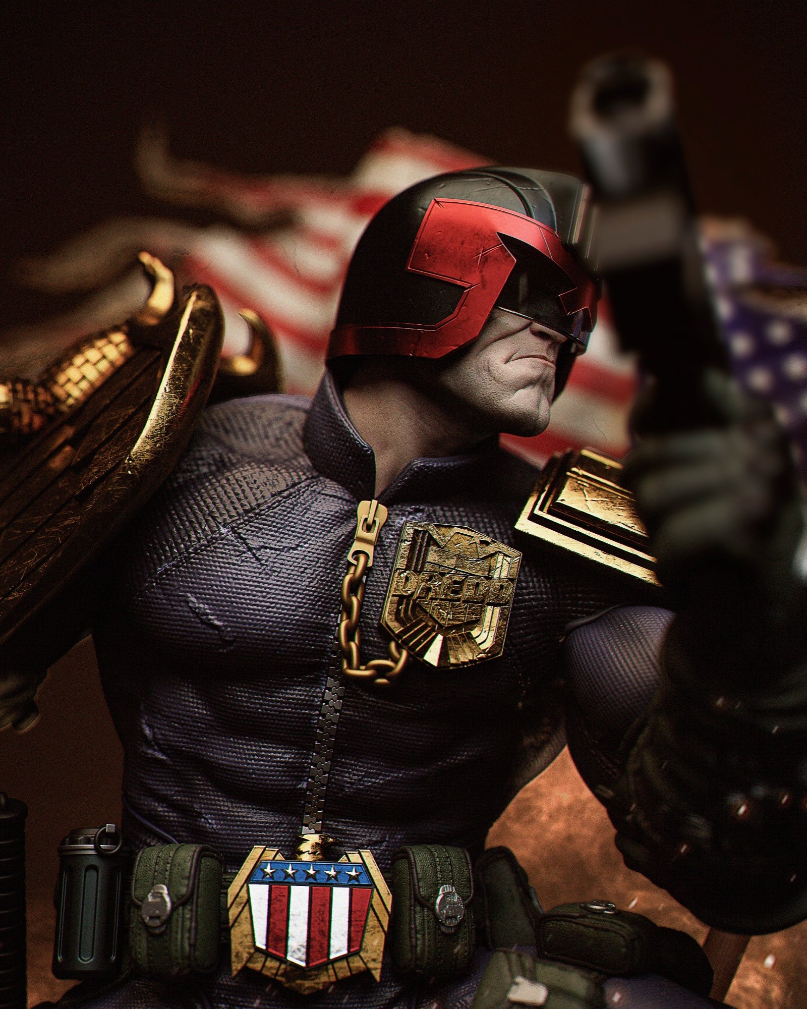 Close-up of Judge Dredd’s face and chest, showcasing helmet detail, Judge badge, and American-themed belt buckle.