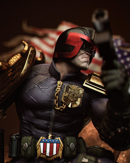 Close-up of Judge Dredd’s face and chest, showcasing helmet detail, Judge badge, and American-themed belt buckle.