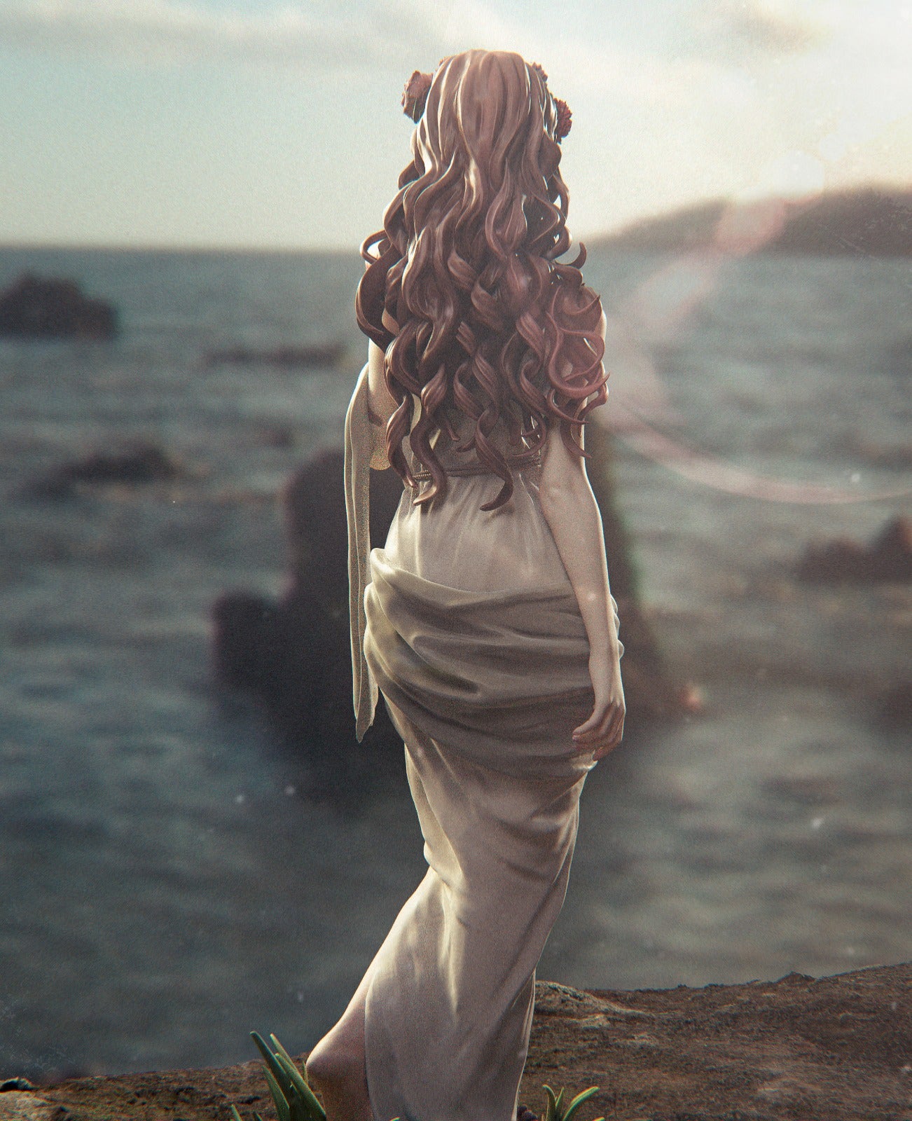 Back view of Persephone figurine, highlighting her cascading hair and elegant draped gown, set against a serene ocean background.