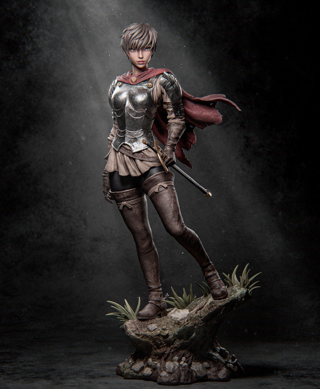 Full view of Casca from Berserk standing on a rocky base, in her iconic armor and cape, confidently poised with her sword.