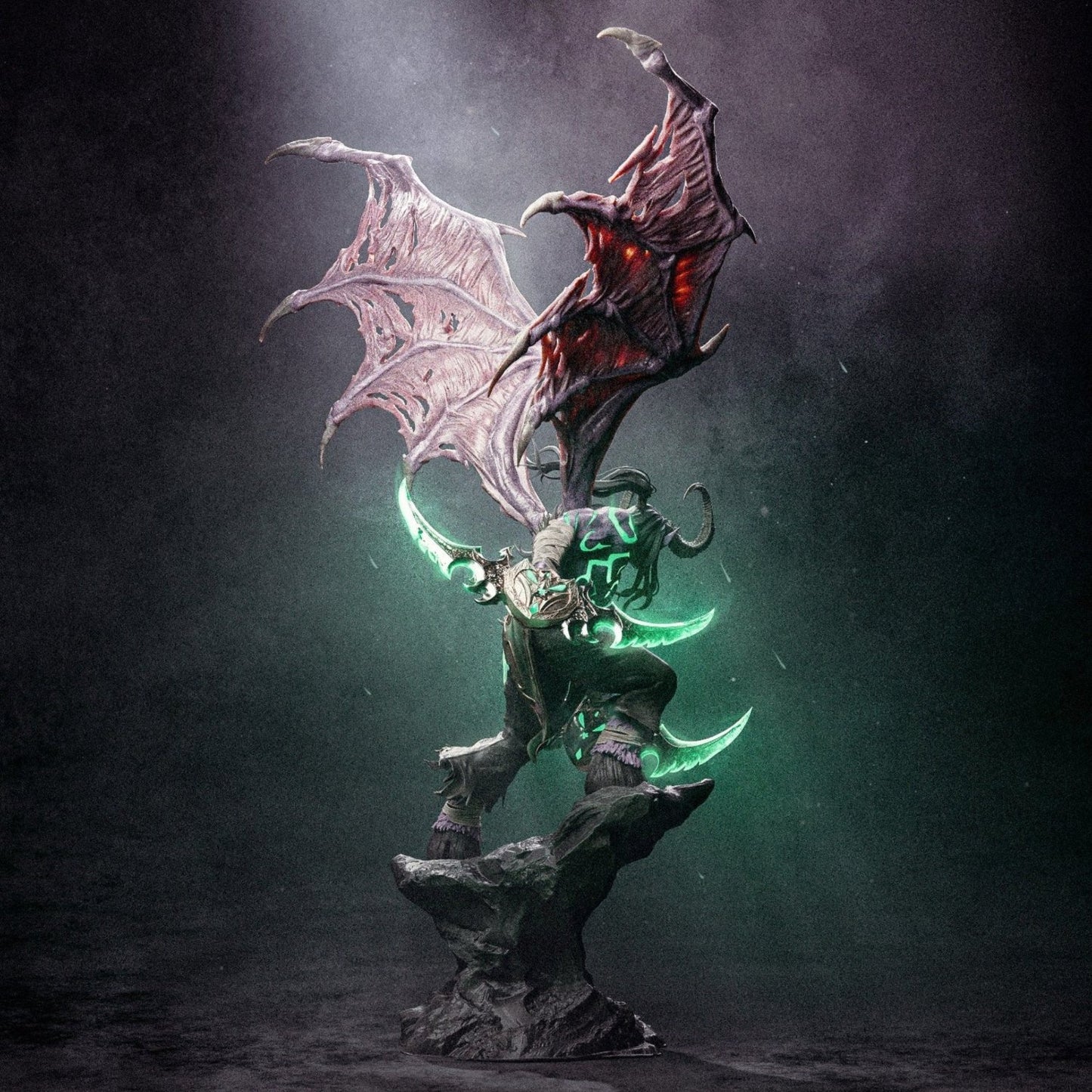 Rear view of the demon-hunter figurine with spread wings and a rock platform.