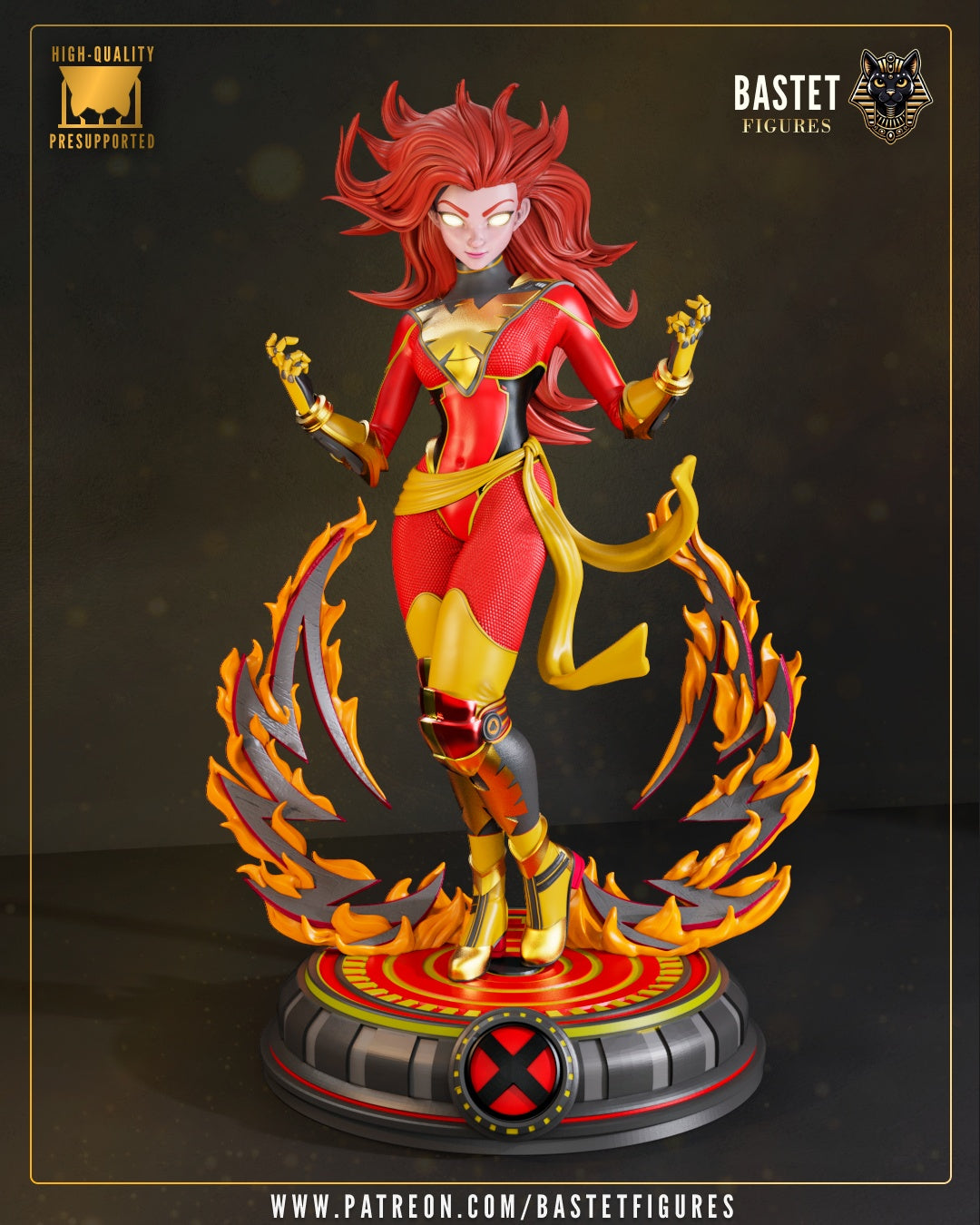 Painted Dark Phoenix Marvel Comics figure in red and gold costume with glowing eyes, flame effects, and detailed X-Men base.