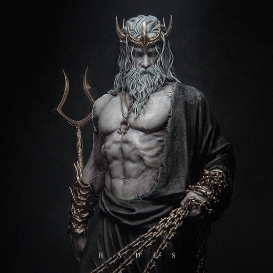 Close-up of Hades' upper body, showcasing his detailed crown, trident, and imposing expression, with golden chains in hand.