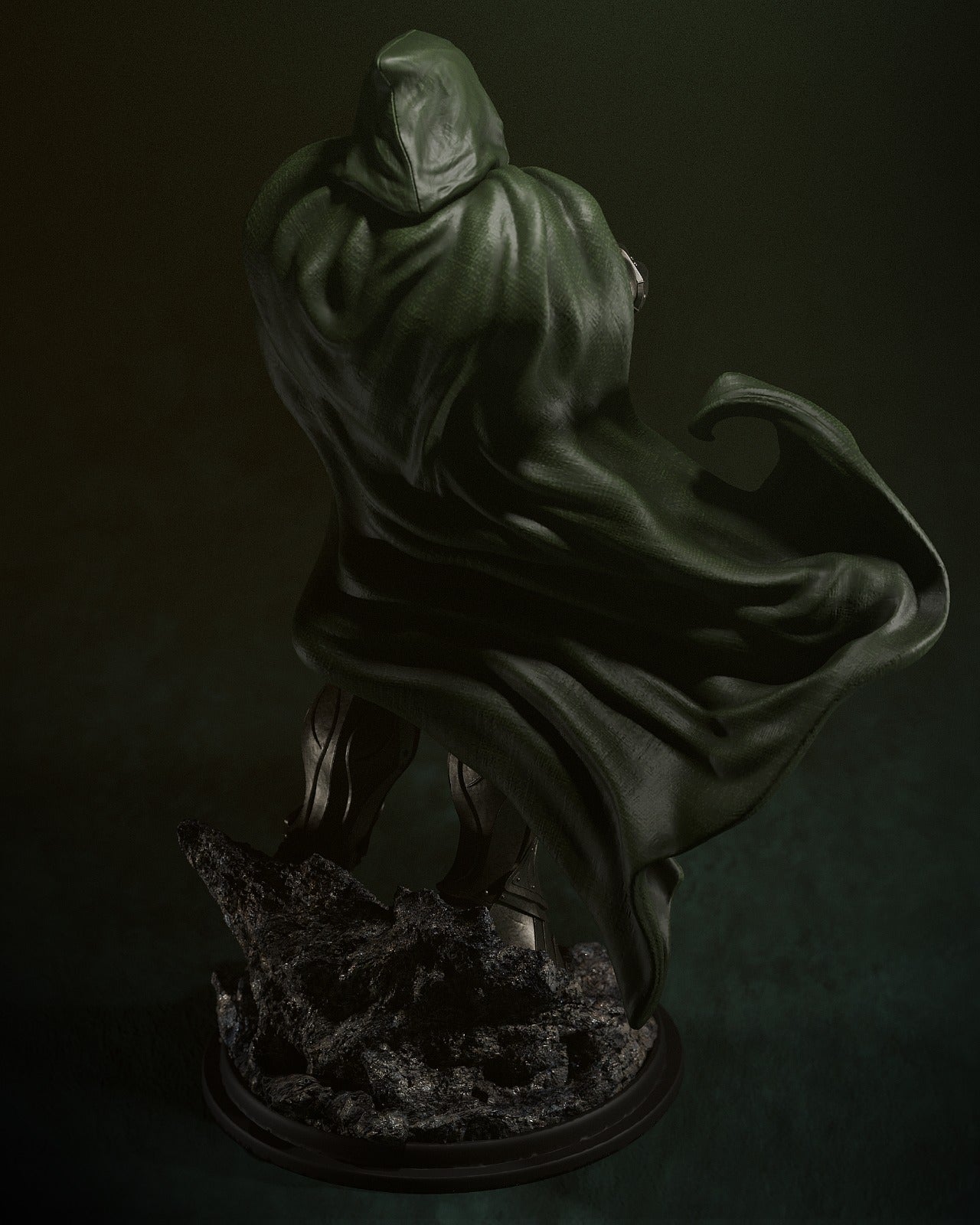 Rear view of Dr. Doom figurine, showcasing the back of his flowing green cape.