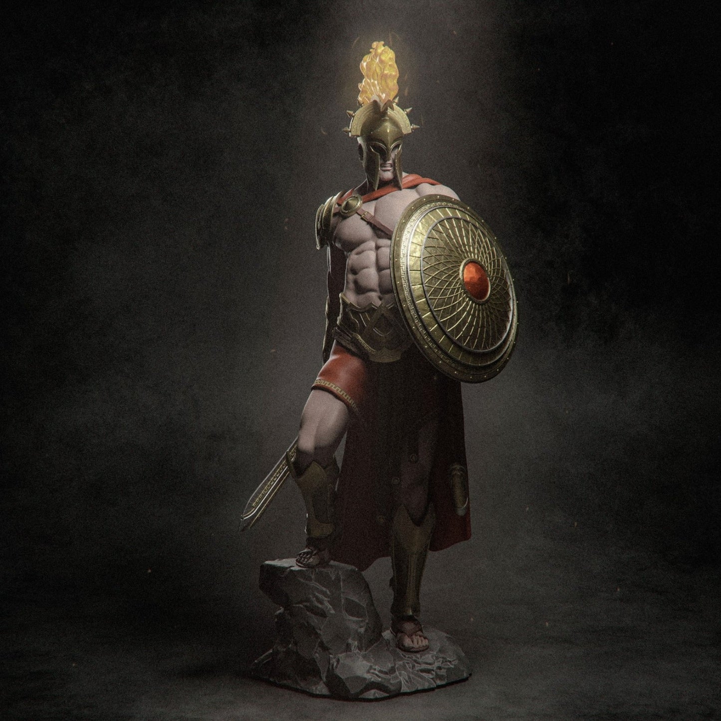 Ares figurine, the Greek god of war, depicted in detailed armor with a fiery helmet crest and ornate shield, standing on rocky terrain.