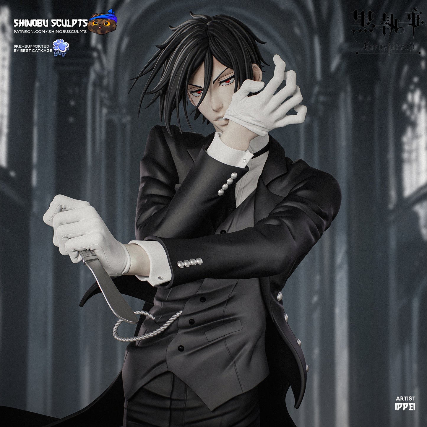 Painted render of Sebastian Michaelis Black Butler figure in formal butler attire holding knife with chain, set in cathedral background.