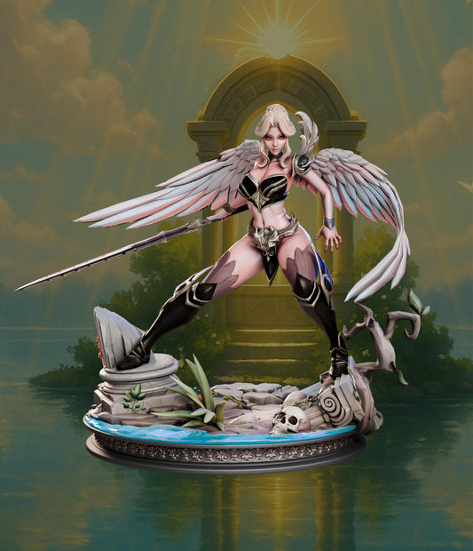 Kaelyn Radiantheart full figure in black celestial armor with spear, Aasimar Fighter from Warhammer-inspired settings.