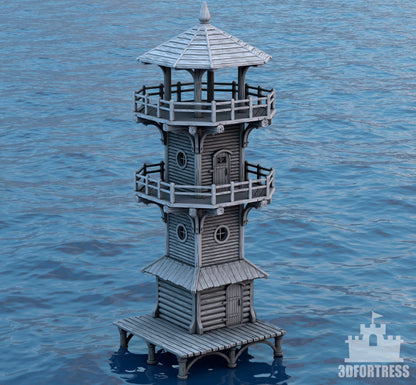 A tall, multi-level wooden lighthouse with a conical roof, featuring three observation balconies and detailed wood textures, set on a platform over the ocean.