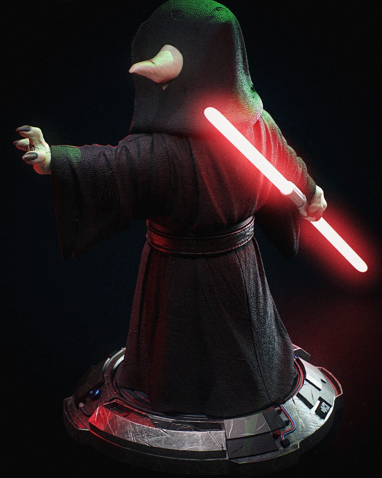 Back view of "Darth Yoda" collectible, showing the hooded robe and the glowing red lightsaber held behind him.