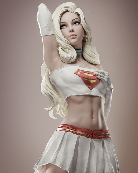 Supergirl 1:6 scale colored render close-up with iconic “S” emblem crop top, pleated skirt, and confident pose.