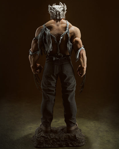 Rear view of Old Man Logan, displaying his muscular back and shredded attire, poised for a fight in this highly detailed collectible.