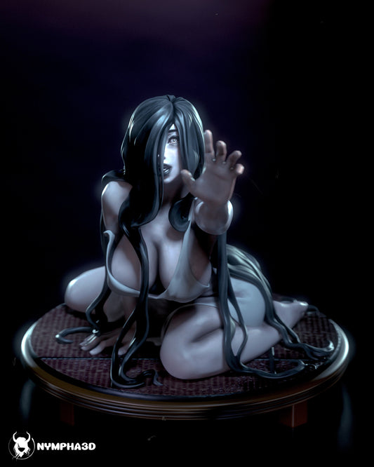 Front view of Ghost Girl 1:6 scale figure kneeling and reaching forward with long flowing hair, Nympha3D design.