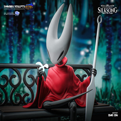 Hornet Hollow Knight Silksong 1:8 scale painted collectible statue, seated on green bench with staff, surrounded by plants and lantern, size dimensions shown.