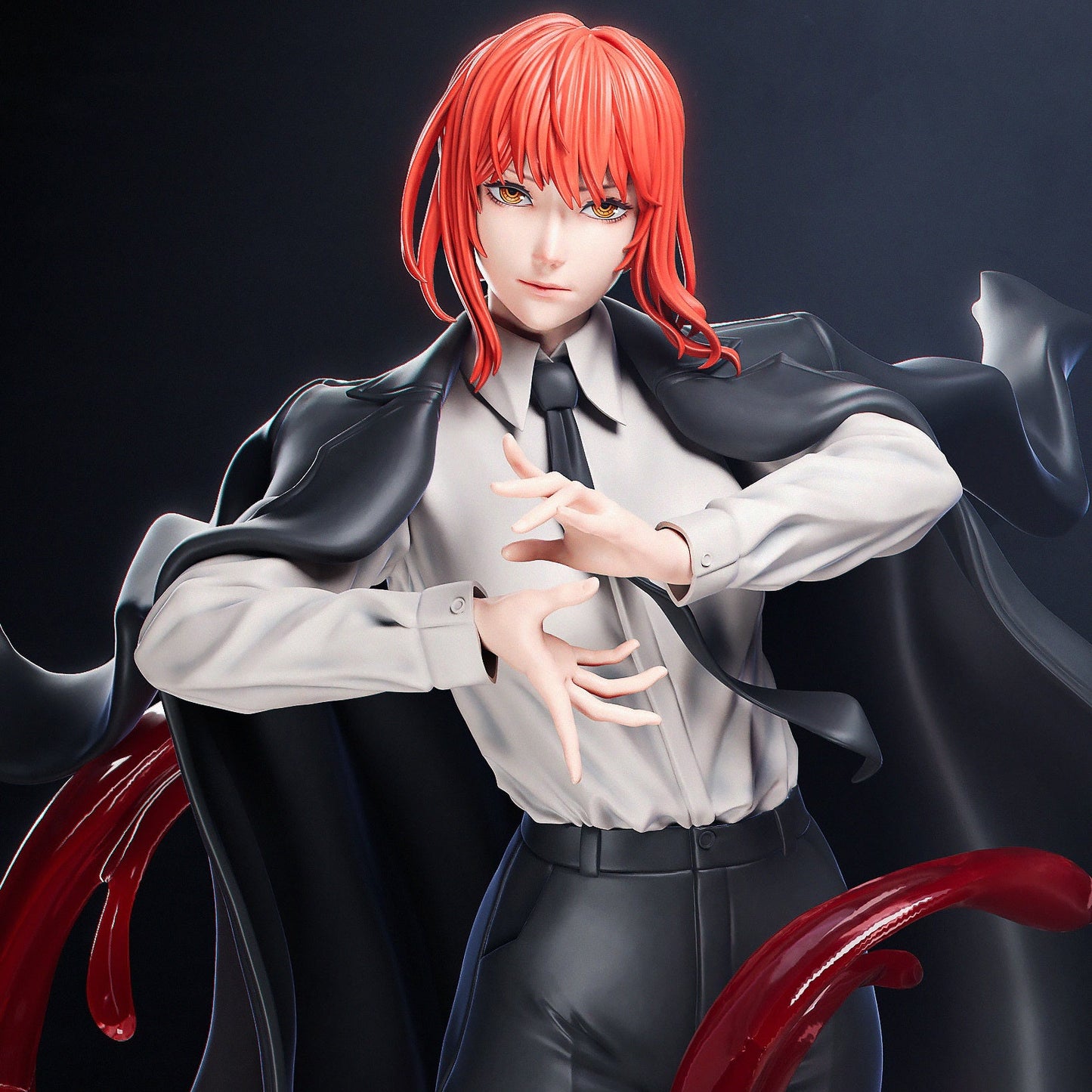 Makima Chainsaw Man close up figure portrait with red hair and hand gesture pose