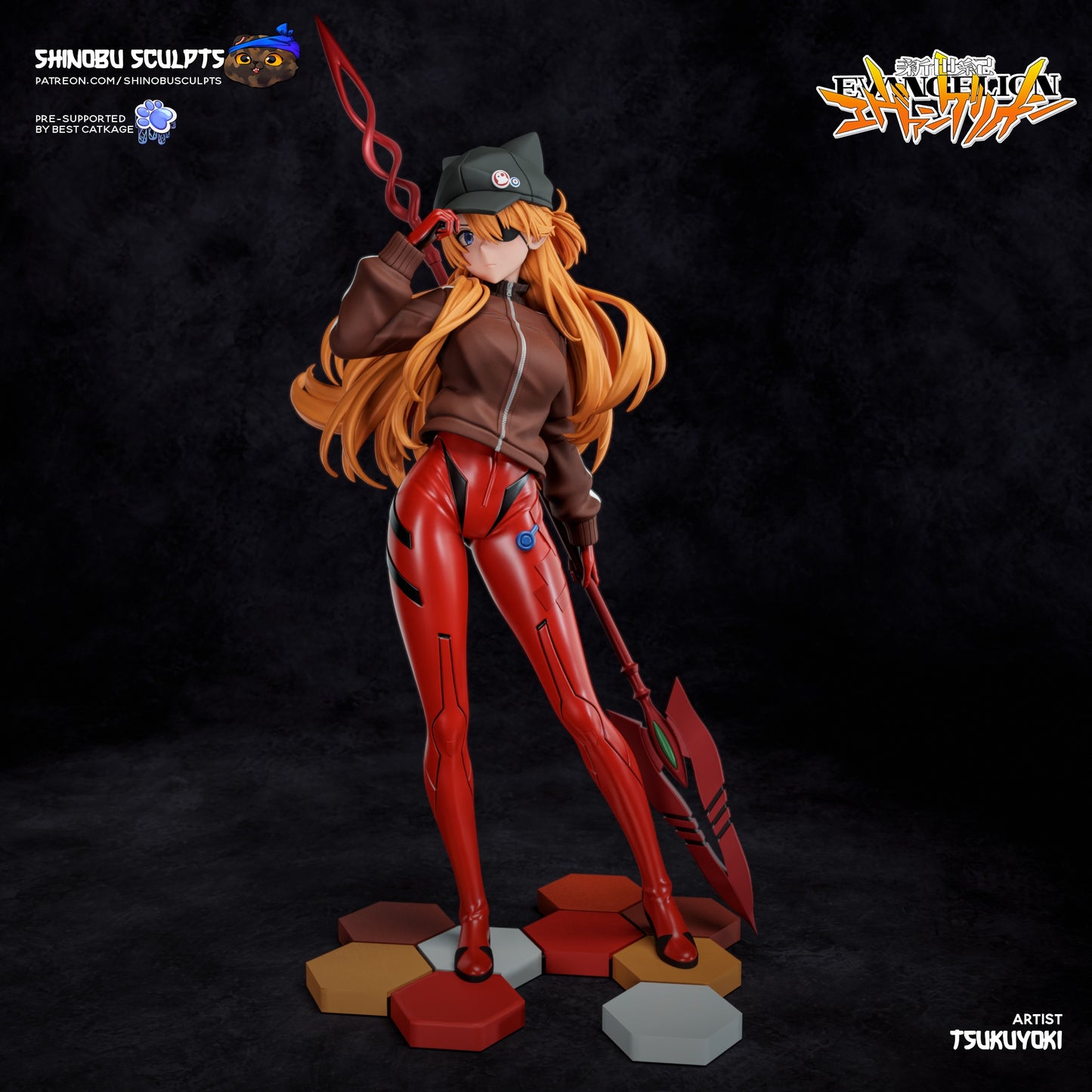 Painted Asuka Langley collectible figure in her red plug suit, brown jacket, and cat-eared hat, posed with the Lance of Longinus on a hexagonal base.