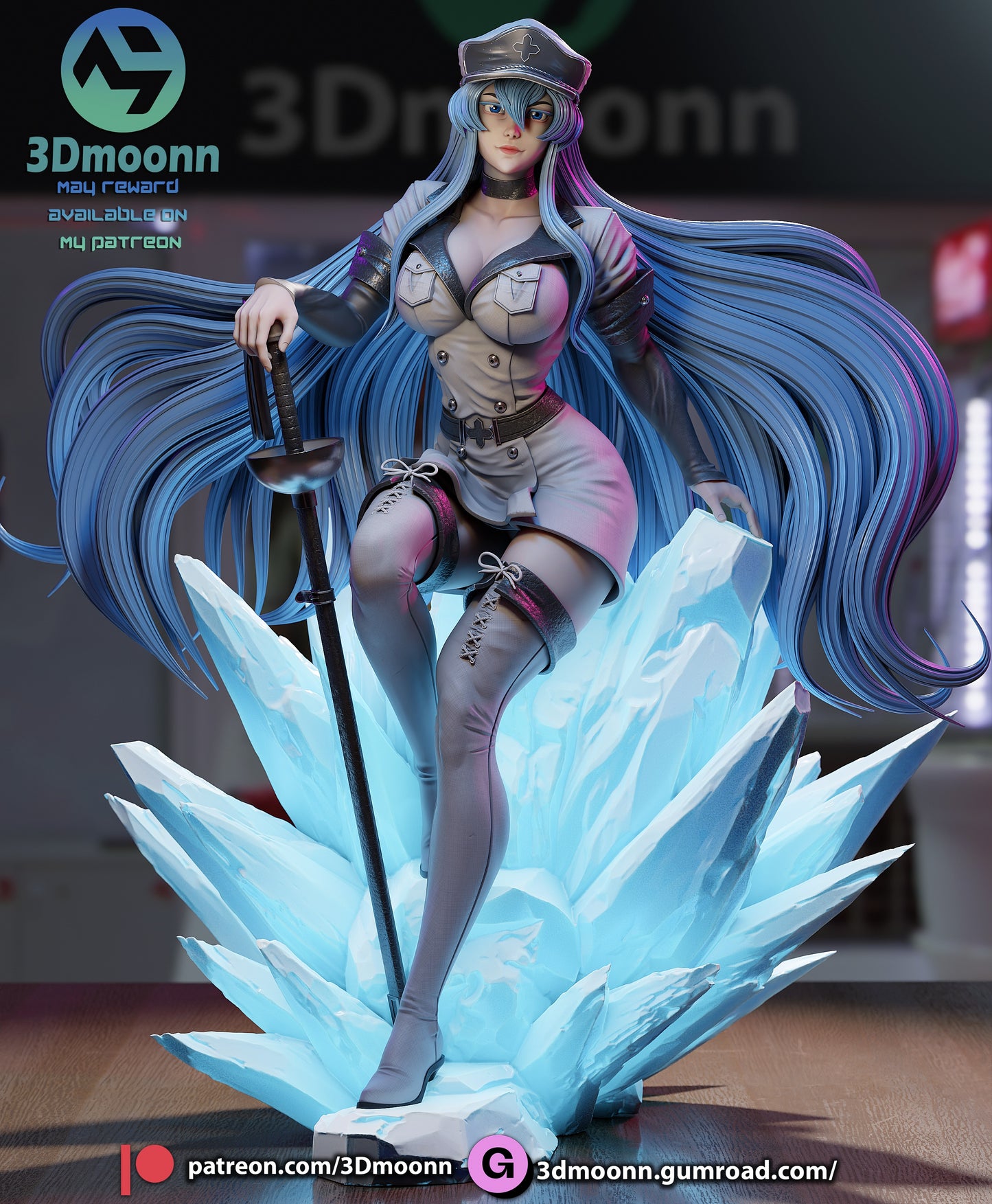 Full-body view of Esdeath in her military outfit standing on an ice crystal base, holding her sword with long flowing hair and cap.
