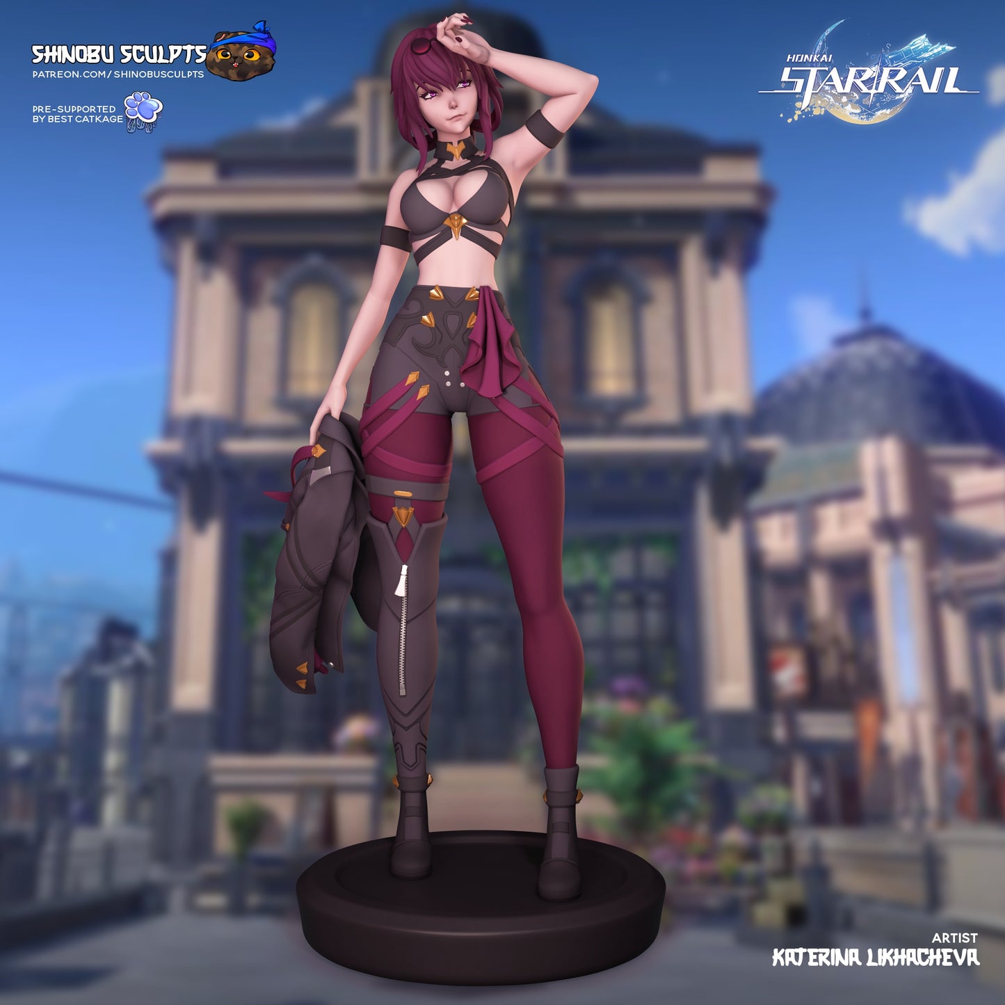 Kafka Honkai Star Rail 1:8 scale statue exploded parts layout showing modular pieces including head sculpts, torso, legs, jacket, arms, and base.