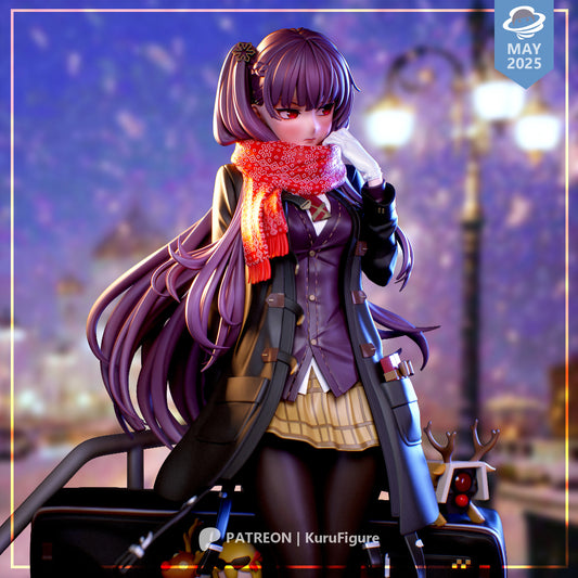 WA2000 Girls’ Frontline anime figure close-up showing detailed face, red eyes, long purple twin-tails, scarf, and winter outfit, 1:7 scale collectible statue.