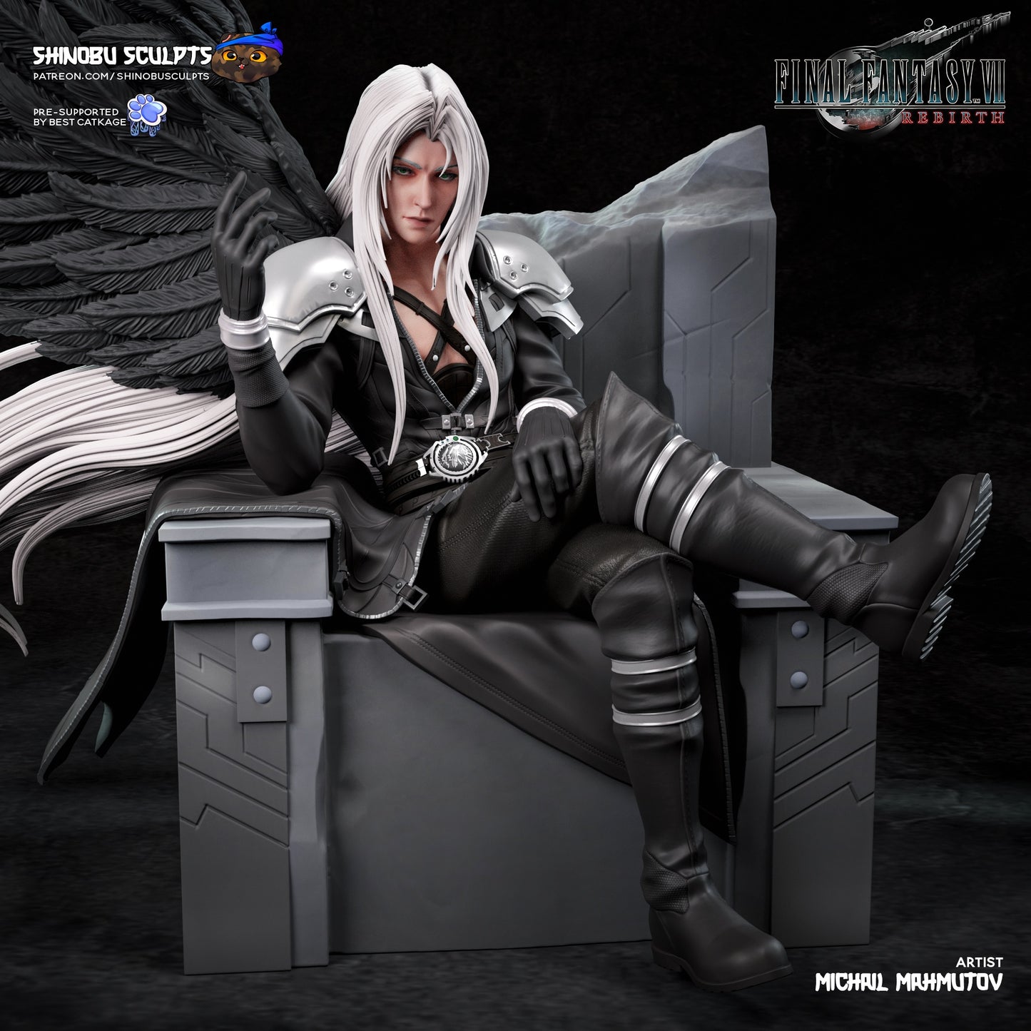 Painted render of Sephiroth 1:8 scale collectible from Final Fantasy VII, seated on a throne with long hair, black coat, and wing.