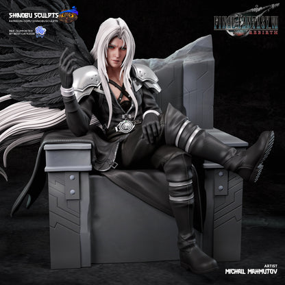 Painted render of Sephiroth 1:8 scale collectible from Final Fantasy VII, seated on a throne with long hair, black coat, and wing.