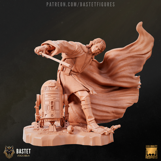 Unpainted version of Anakin Skywalker and R2-D2 diorama, with Anakin’s robe billowing in action pose on a textured base