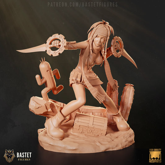 Rikku full figure from Final Fantasy X in action pose with dual daggers, standing on a desert base beside a Cactuar.