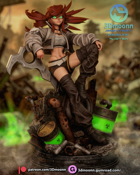 Riyo Reaper SFW 1:6 scale figure front view, female scavenger warrior, cropped jacket, utility shorts, thigh-high boots, mechanical cleaver, confident pose