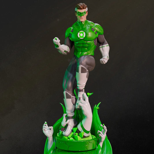 Painted version – Fully painted Green Lantern statue in vibrant green and black uniform, standing on a cracked lantern base.