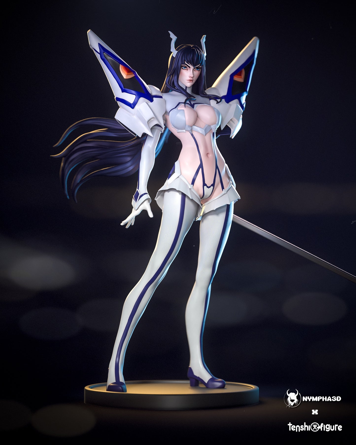Full Front View: Full-body view of Satsuki standing poised with her sword extended and Junketsu armor wings spread.