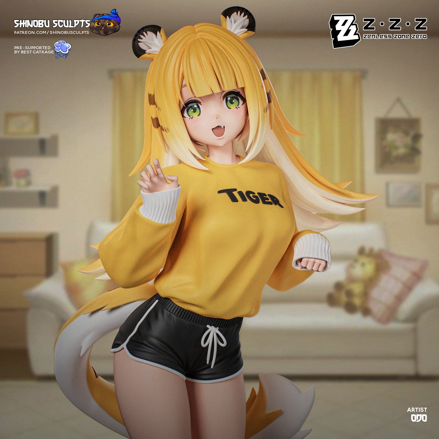 Colored render of Ju Fufu from Zenless Zone Zero in yellow “TIGER” sweatshirt, black shorts, and tiger-striped ears, waving playfully.