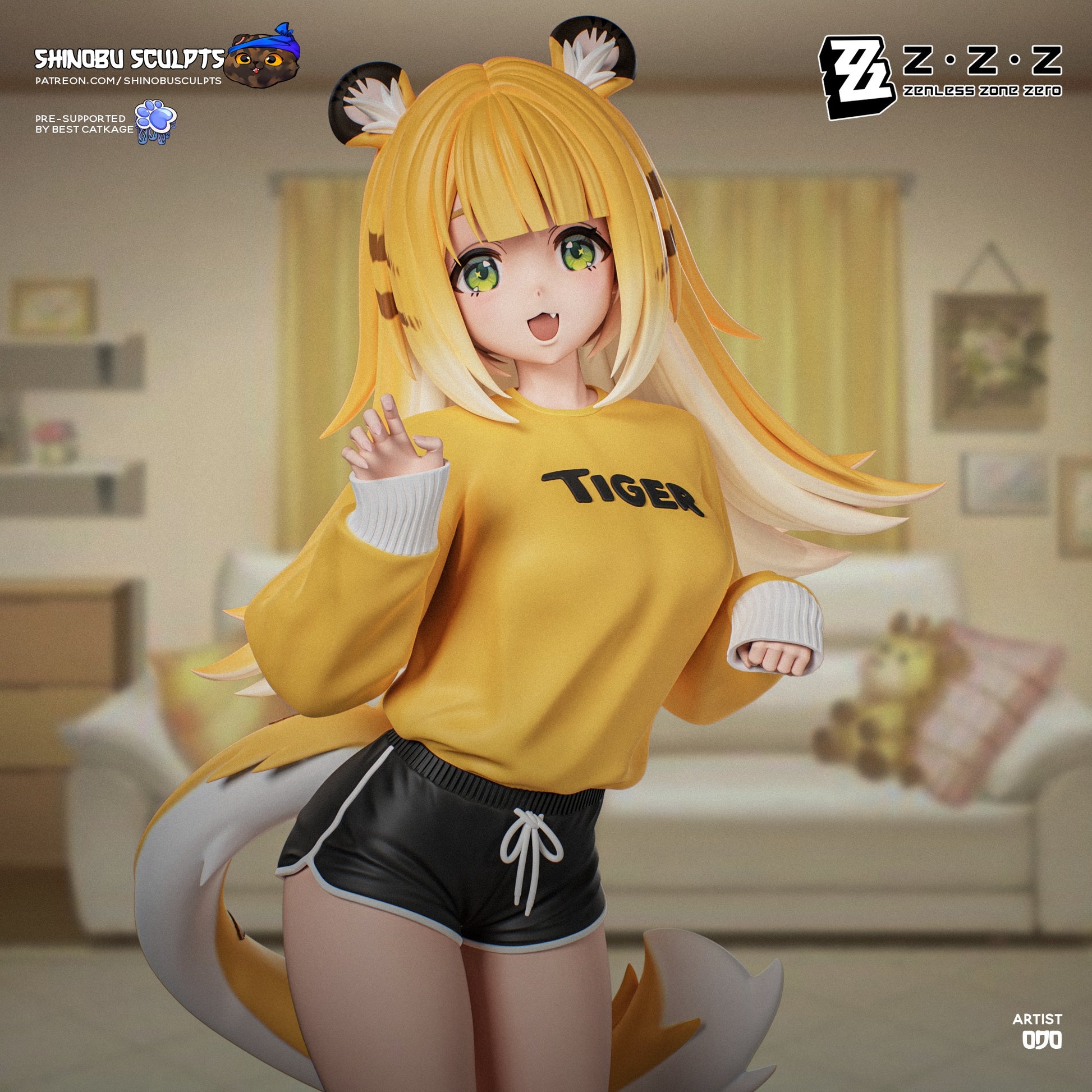 Colored render of Ju Fufu from Zenless Zone Zero in yellow “TIGER” sweatshirt, black shorts, and tiger-striped ears, waving playfully.