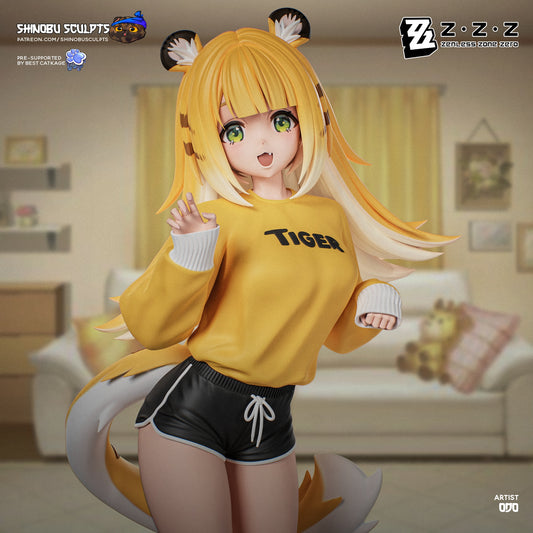 Colored render of Ju Fufu from Zenless Zone Zero in yellow “TIGER” sweatshirt, black shorts, and tiger-striped ears, waving playfully.