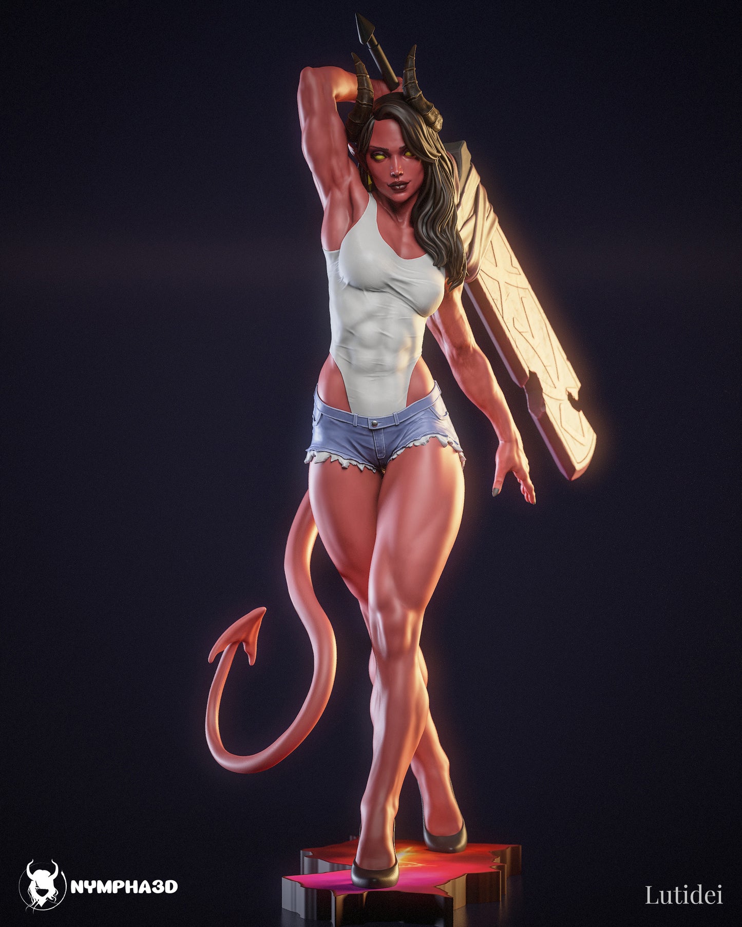 Malevola Dispatch half-demoness 1:6 scale figure horned demon girl with tail holding sword on shoulder, standing pinup pose, tank top and shorts, heels, display base