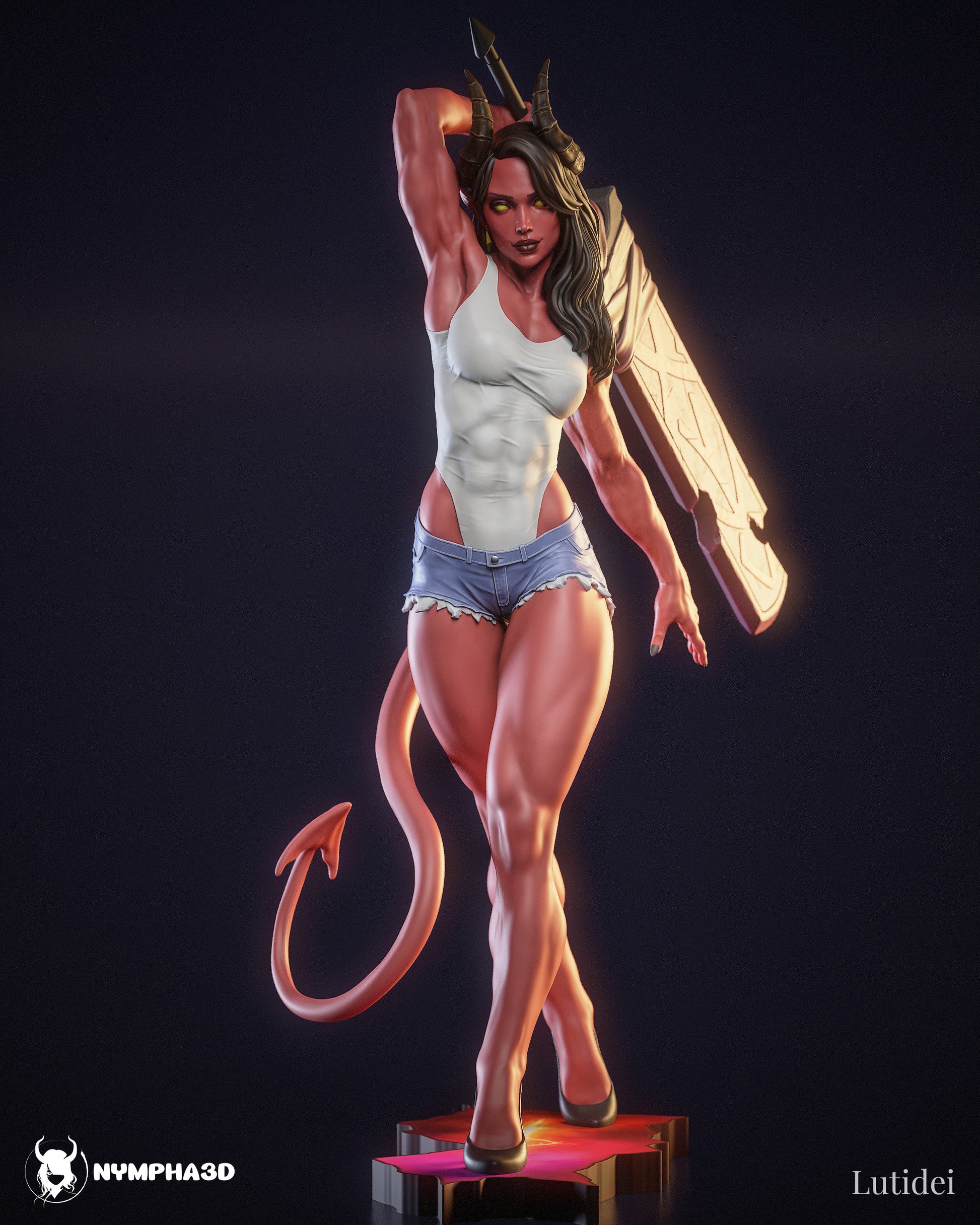 Malevola Dispatch half-demoness 1:6 scale figure horned demon girl with tail holding sword on shoulder, standing pinup pose, tank top and shorts, heels, display base